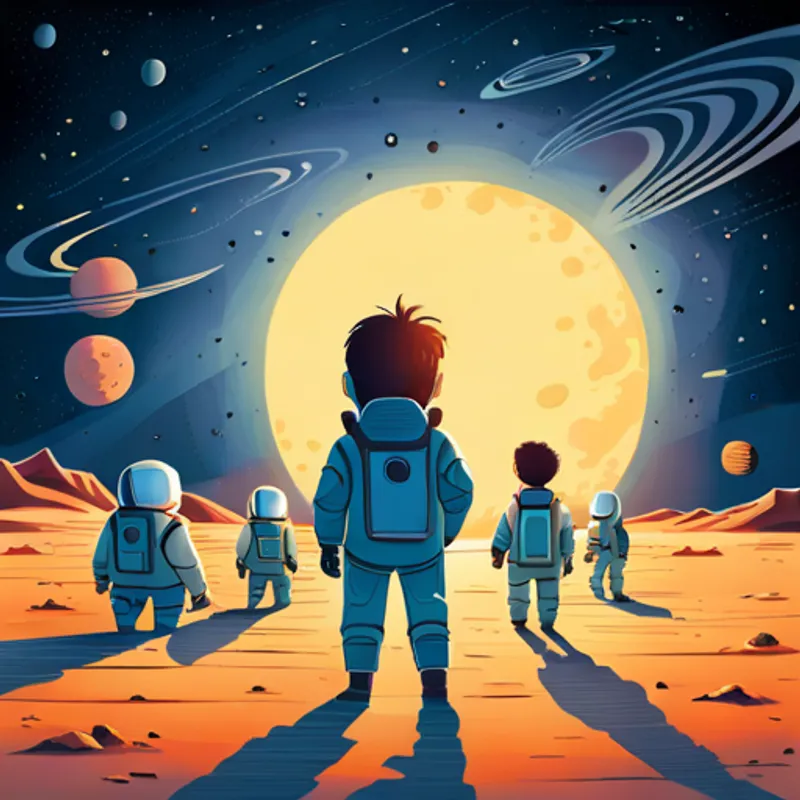 A little boy with a lively expression, wearing a futuristic spacesuit, and a wide-eyed sense of wonder. and his team surrounded by a soft glow, as they explore the mystical landscape of the planet.