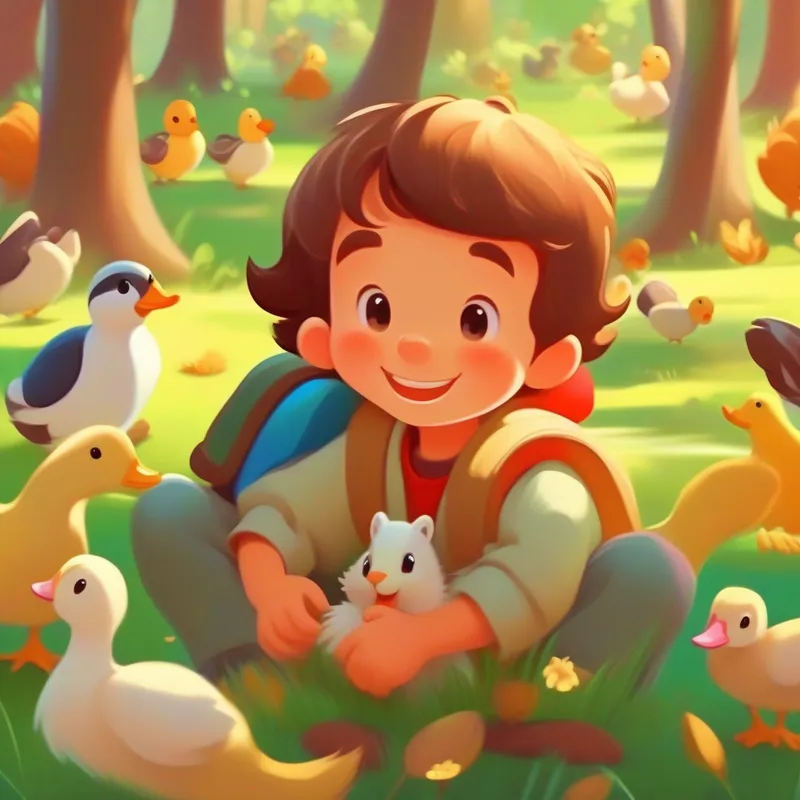 A kind and caring boy with brown hair and a big smile. playing with ducks and squirrels in a colorful park.