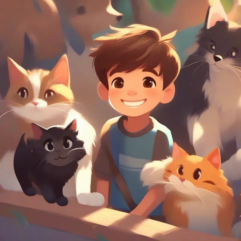 A kind and caring boy with brown hair and a big smile. helping abandoned cats and dogs at the local animal shelter.