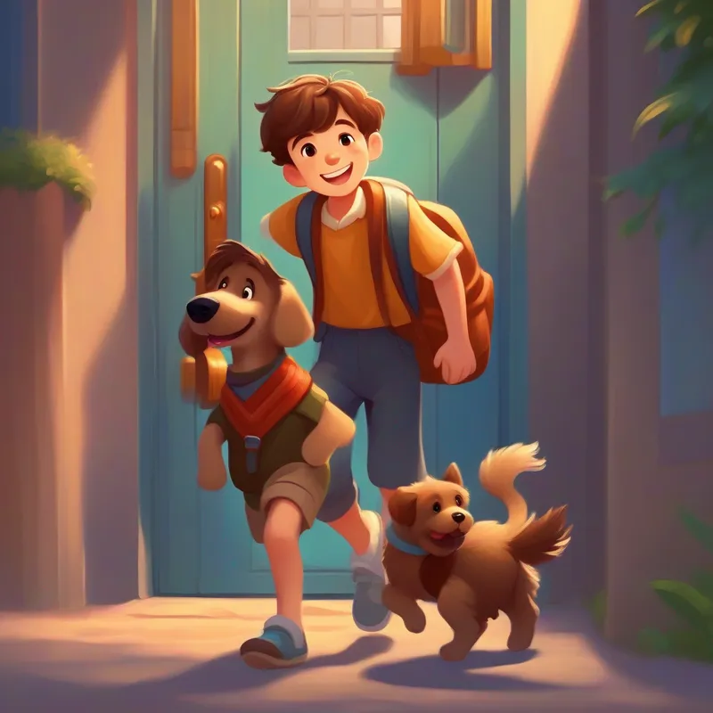 A kind and caring boy with brown hair and a big smile. carrying the puppy and knocking on doors to find its owner.