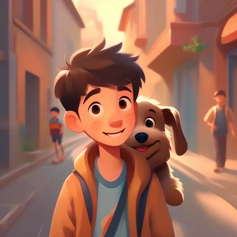 A kind and caring boy with brohawn ir and a big smile. finding a lost puppy on the street, with his mom's friend calling him.