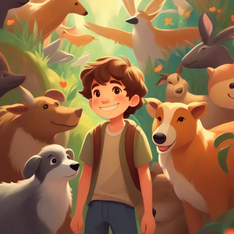 A kind and caring boy with brown hair and a big smile. surrounded by animals, representing his determination and love for them.
