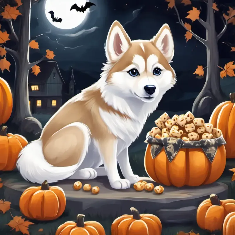 Artemis, a small husky with white and fawn fur, packing her treats and blanket for her Alaska adventure.