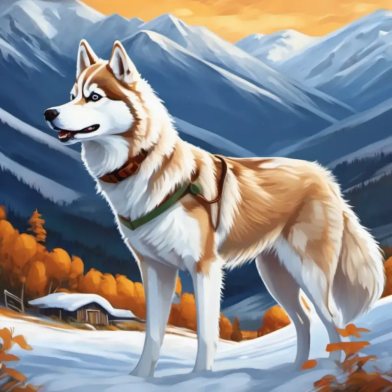 Artemis in Alaska, surrounded by tall snowy mountains and running through the snowy fields.