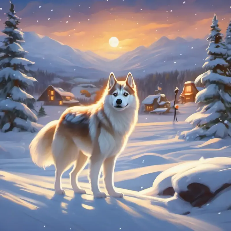 Artemis playing with friendly reindeer in the snowy landscape of Alaska.