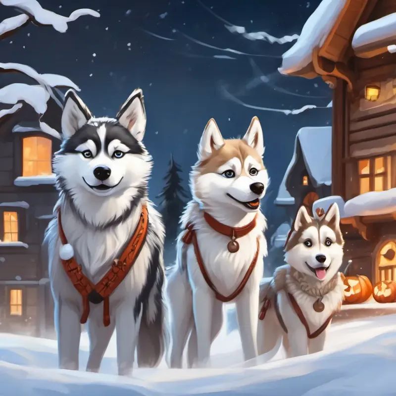 Artemis saying goodbye to her reindeer friends and riding a sled pulled by huskies, feeling happy and grateful.