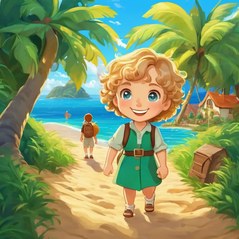 Village by the sea, Curly brown hair, bright green eyes, adventurous spirit, and Sandy blond hair, crystal blue eyes, kind-hearted and curious setting off on an adventurous journey