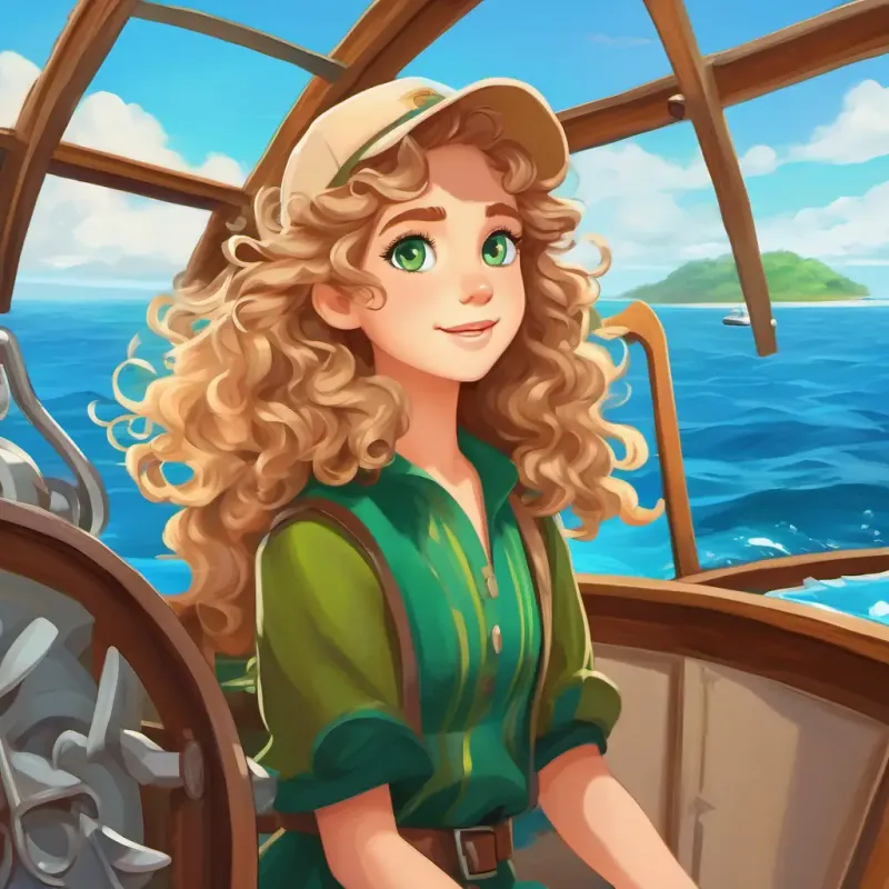 Curly brown hair, bright green eyes, adventurous spirit and Sandy blond hair, crystal blue eyes, kind-hearted and curious on the boat, heading towards the fabled island