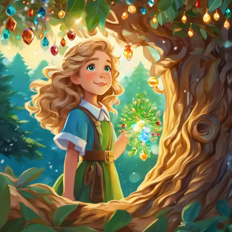 Curly brown hair, bright green eyes, adventurous spirit and Sandy blond hair, crystal blue eyes, kind-hearted and curious discovering the ancient tree with jewels