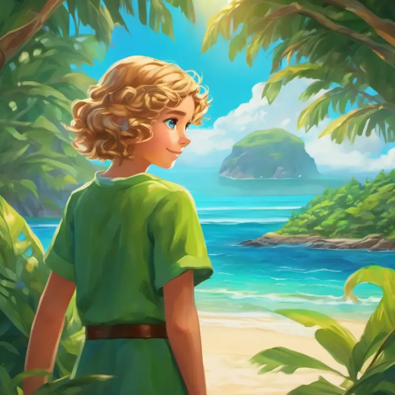 Curly brown hair, bright green eyes, adventurous spirit and Sandy blond hair, crystal blue eyes, kind-hearted and curious making a heartfelt decision as the island disappears