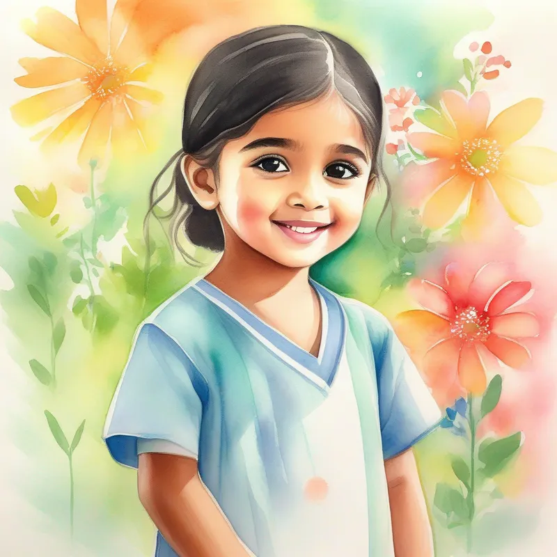 Aaradhya: kind-hearted and helpful, colors: warm and cheerful volunteering at the hospital, colors: empathetic and compassionate