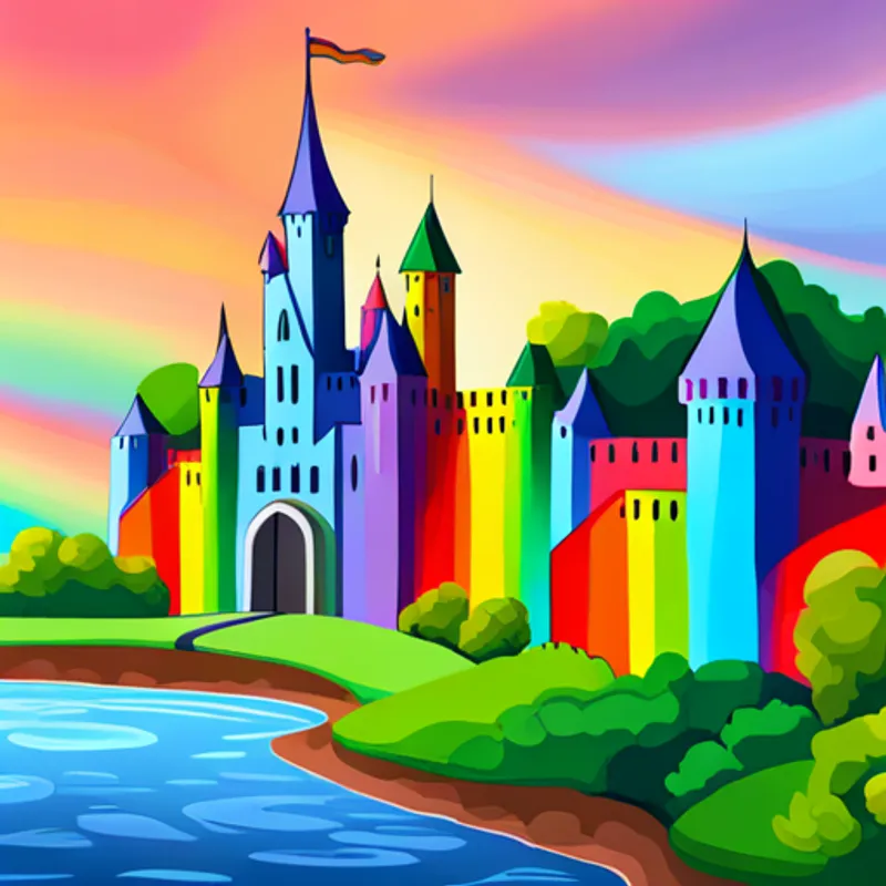 Colorful castle with a rainbow in the background