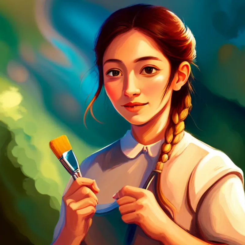 A kind-hearted girl with a sunny smile with a paintbrush and a palette