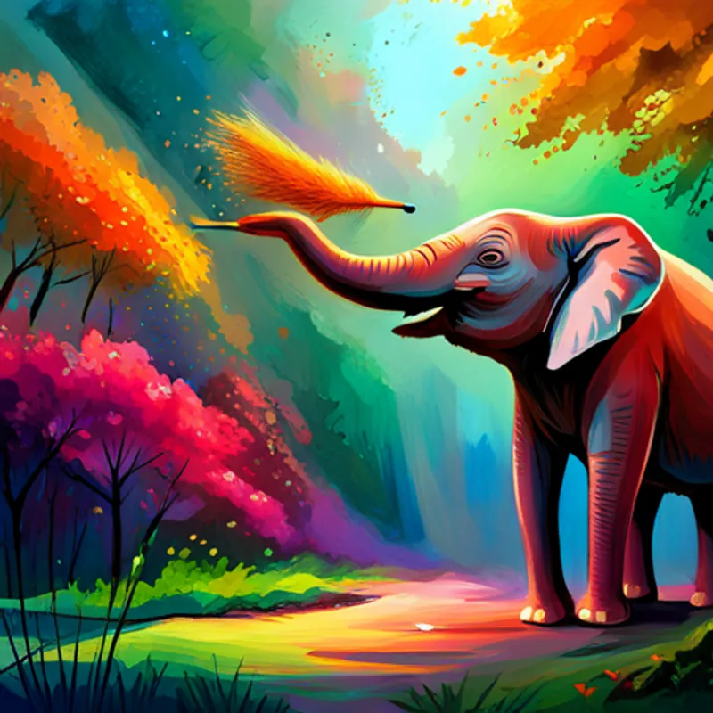 A colorful elephant with a magic paintbrush, the elephant, painting with vibrant colors