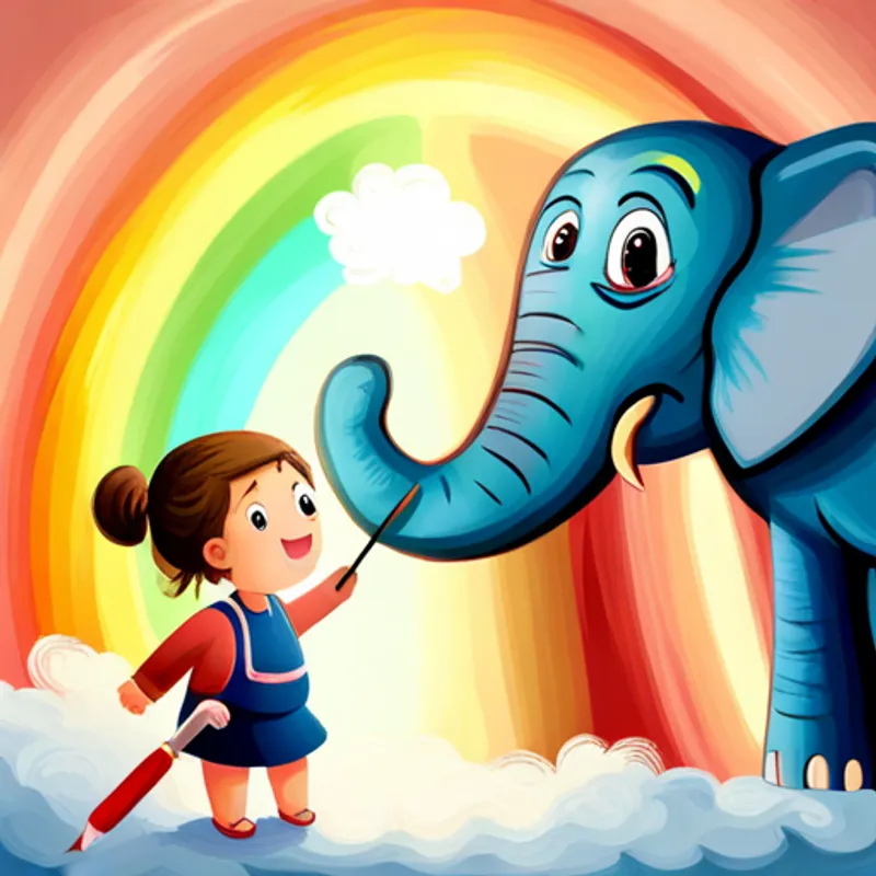 A kind-hearted girl with a sunny smile and A colorful elephant with a magic paintbrush painting a magical rainbow