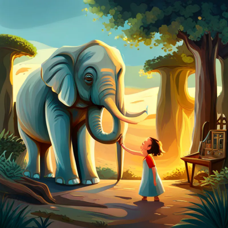 A kind-hearted girl with a sunny smile and A colorful elephant with a magic paintbrush surrounded by beautiful paintings