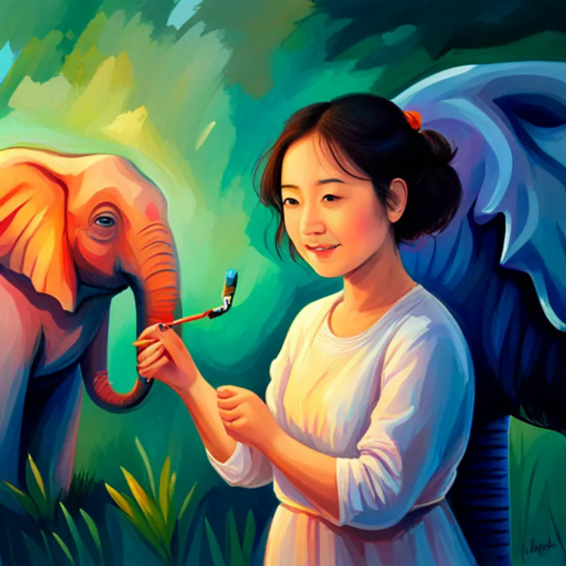 People smiling and admiring A kind-hearted girl with a sunny smile and A colorful elephant with a magic paintbrush's art