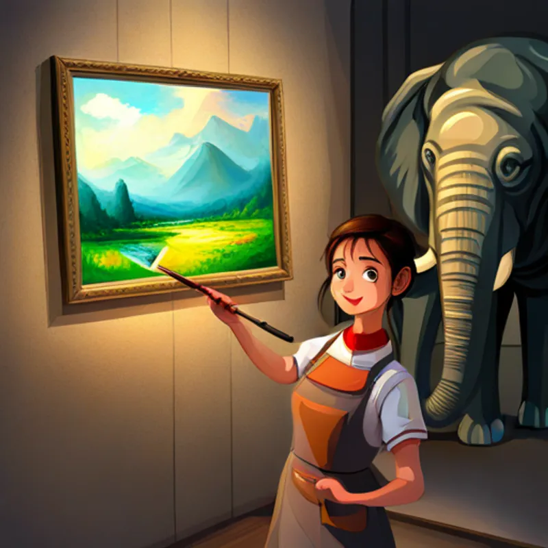 A kind-hearted girl with a sunny smile and A colorful elephant with a magic paintbrush's paintings displayed in art galleries