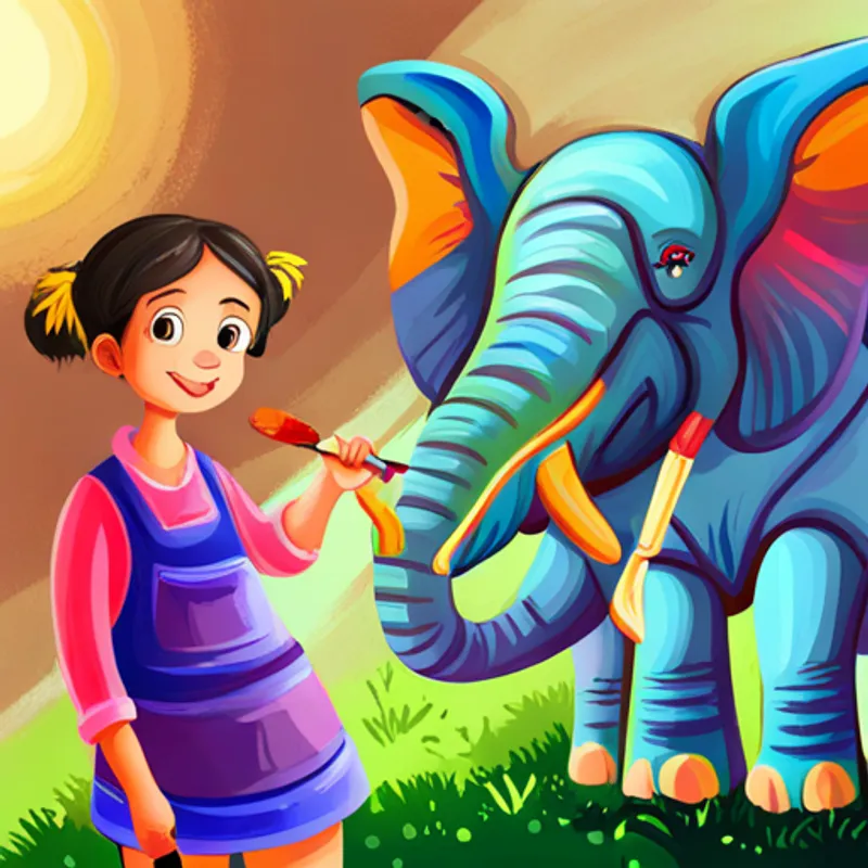 A kind-hearted girl with a sunny smile and A colorful elephant with a magic paintbrush with girlren painting and smiling