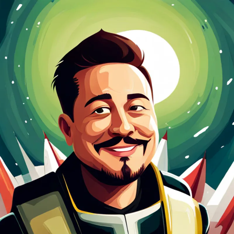 Elon smiling confidently, surrounded by his rockets