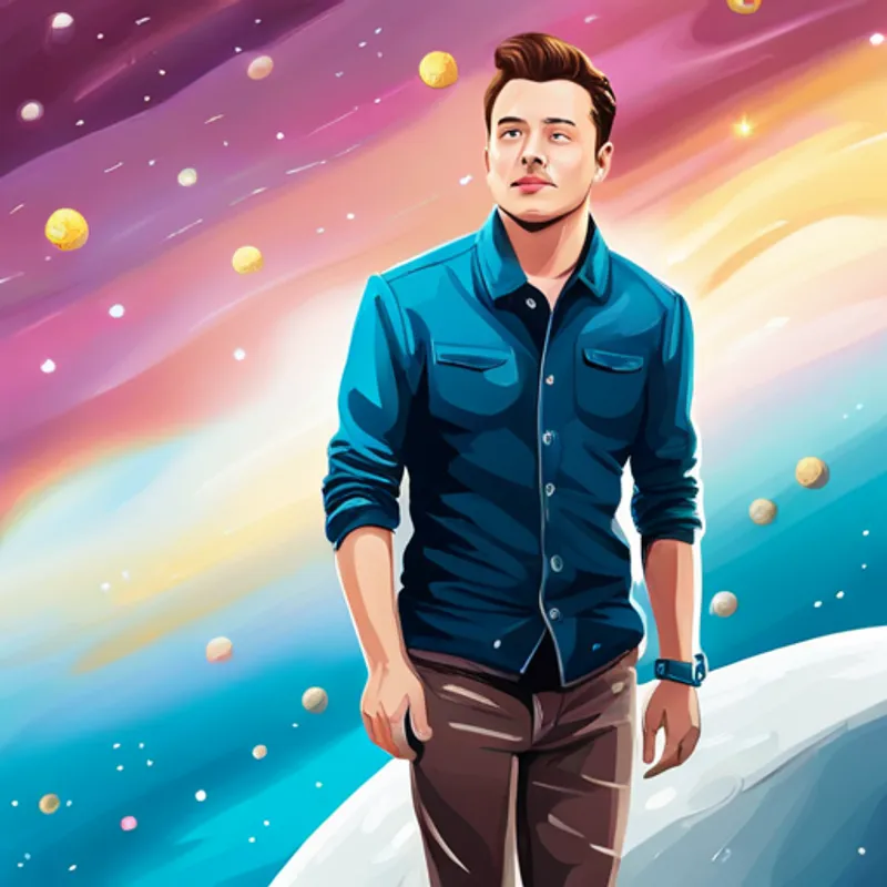 Elon standing on the moon, surrounded by stars and planets