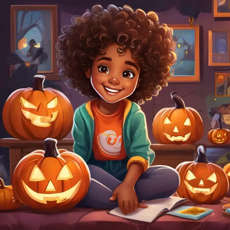 A happy African American girl with curly hair,  vibrant brown eyes 10 words max, a happy African American girl with curly hair, is sitting on her bed surrounded by different costume options. Her parents and little brother, who is also excited, are helping her brainstorm ideas.