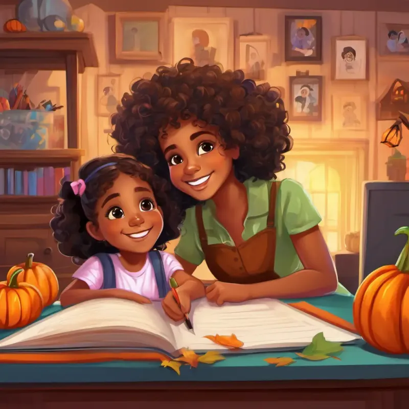 A happy African American girl with curly hair,  vibrant brown eyes 10 words max's family is sitting together, discussing costume ideas. A happy African American girl with curly hair,  vibrant brown eyes 10 words max's mom is writing on a whiteboard while A happy African American girl with curly hair,  vibrant brown eyes 10 words max's dad and little brother listen and contribute.