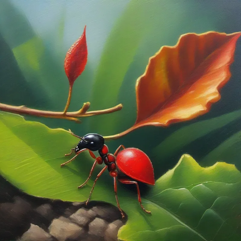 Tiny ant with a red hat, carrying a leaf the ant in the ant colony, exploring for food