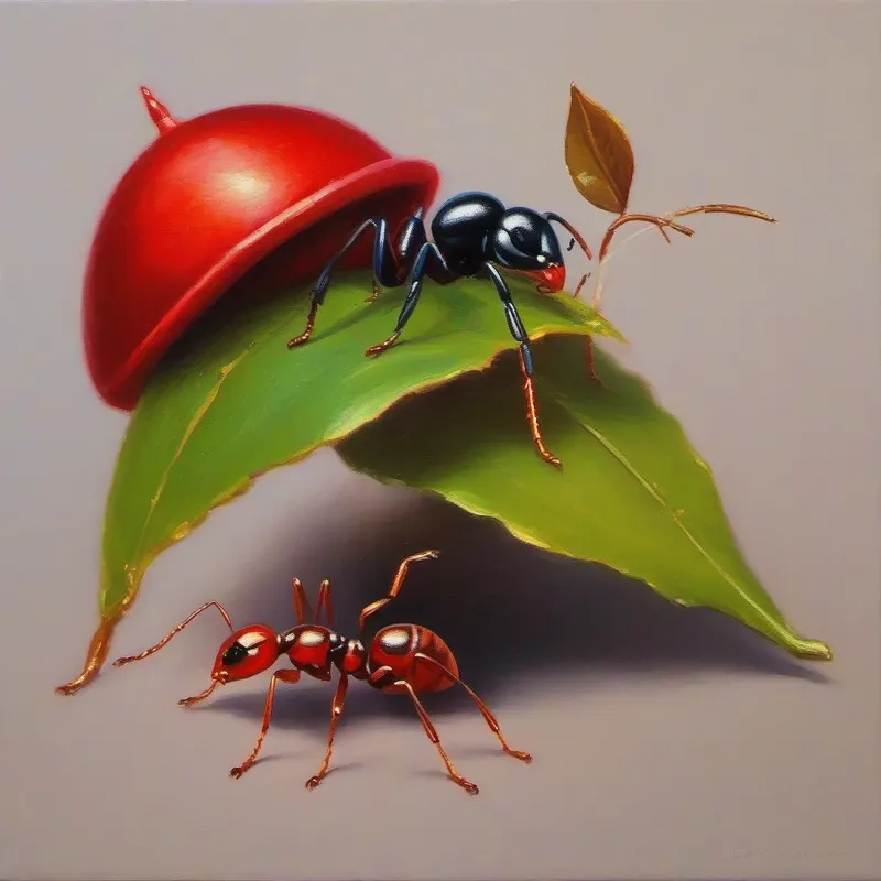 Tiny ant with a red hat, carrying a leaf and his ant friends finding food in different colors