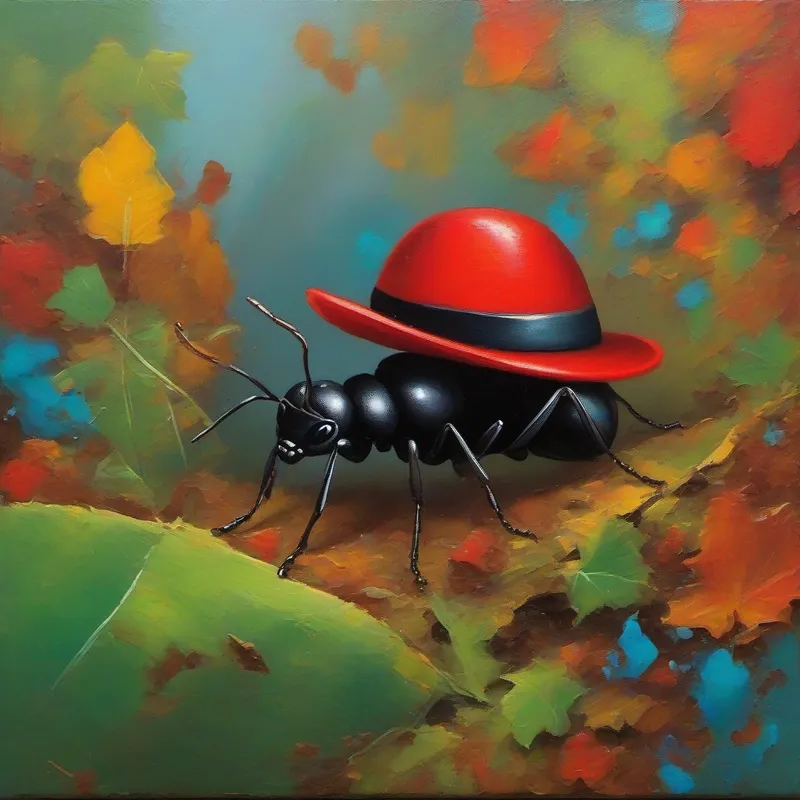 Tiny ant with a red hat, carrying a leaf digging a storage room underground with colorful walls