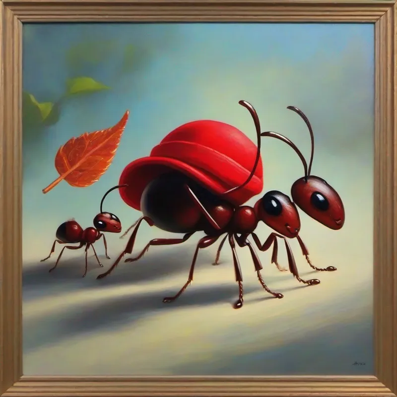 Tiny ant with a red hat, carrying a leaf talking to his confused ant friends with different expressions