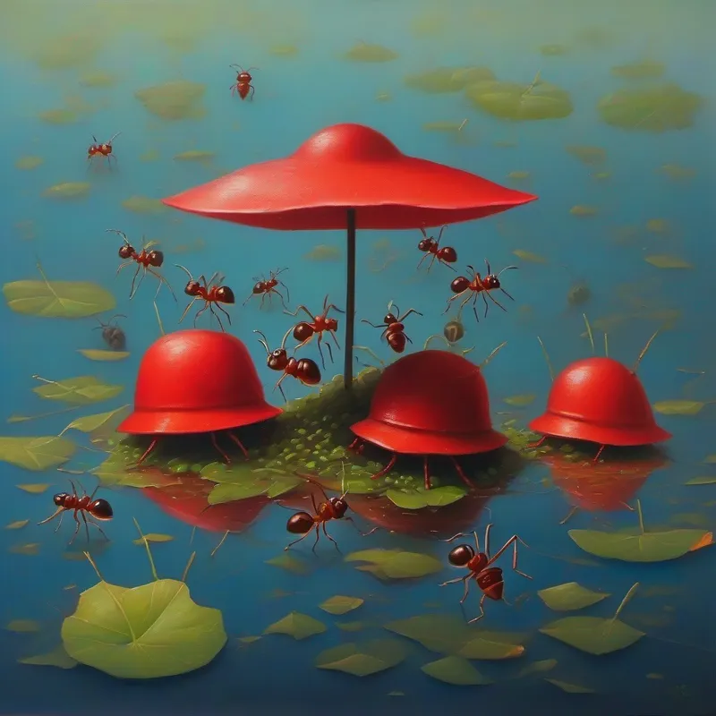 Ant colony flooded with Tiny ant with a red hat, carrying a leaf's storage room intact