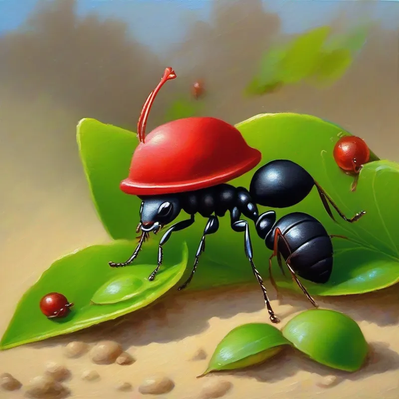 Tiny ant with a red hat, carrying a leaf sharing food with happy ant colony members