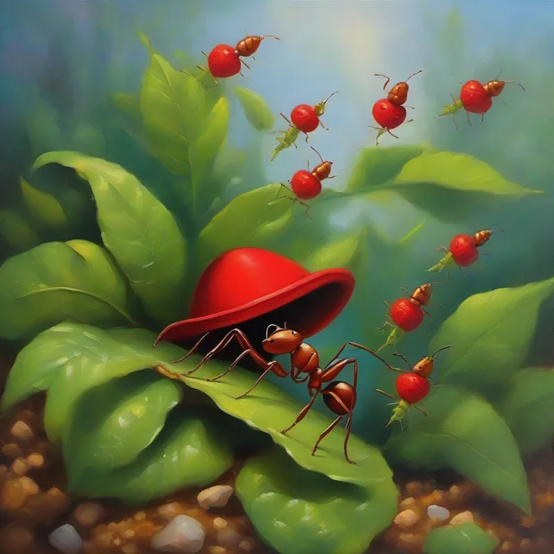 Tiny ant with a red hat, carrying a leaf as the hero of the ant colony, surrounded by grateful ant friends