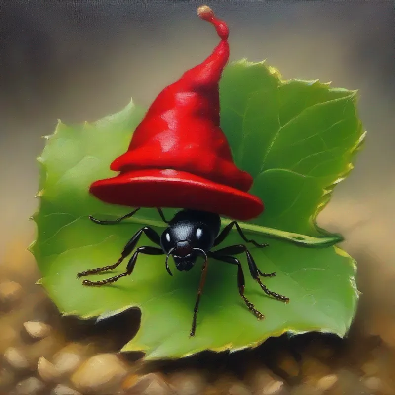 Tiny ant with a red hat, carrying a leaf the Ant smiling with a full storage room
