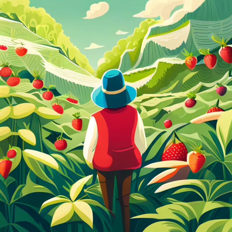 The traveler admiring the strawberry plants