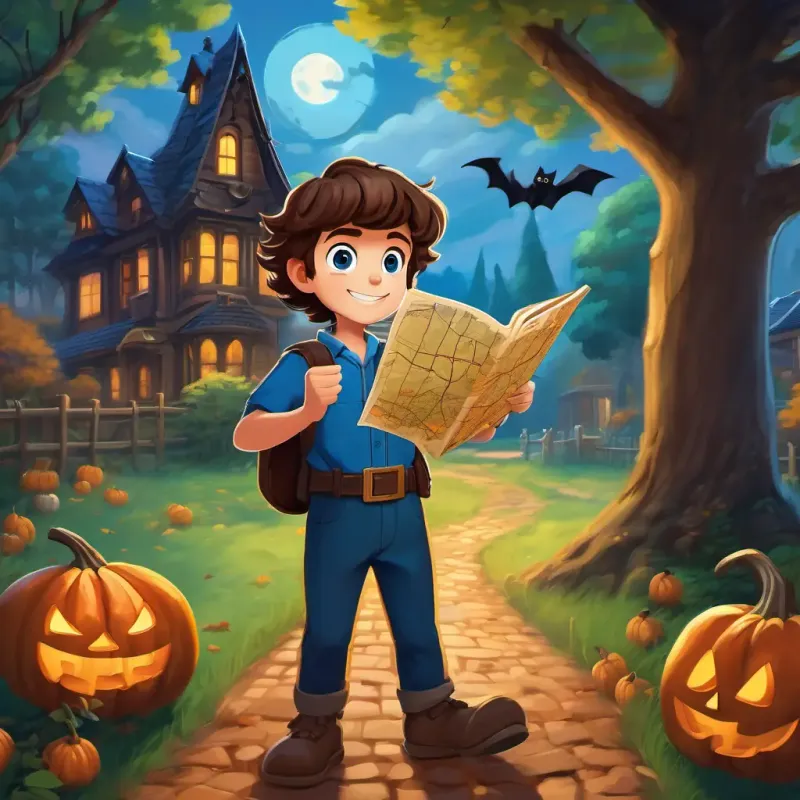 Timmy has brown hair, blue eyes, and a big smile holding a map with a big X, surrounded by trees in his backyard