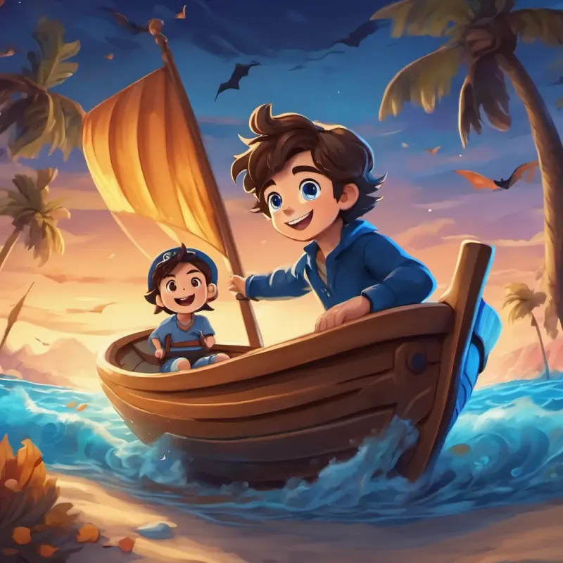 Timmy has brown hair, blue eyes, and a big smile sailing in a small boat, surrounded by blue water and a sandy beach