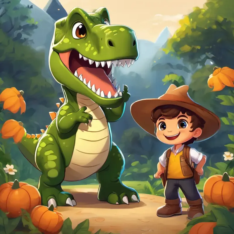 Timmy has brown hair, blue eyes, and a big smile standing next to Daisy is a Triceratops with green skin and kind eyes, a Triceratops with green skin and kind eyes. Rex is a T-Rex with brown skin and a friendly smile, a T-Rex is a T-Rex with brown skin and a friendly smile with brown skin and a friendly smile, is also nearby.