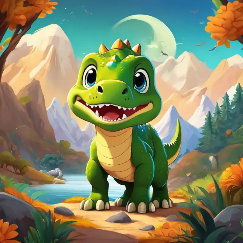 Timmy has brown hair, blue eyes, and a big smile, Daisy is a Triceratops with green skin and kind eyes, and Rex is a T-Rex with brown skin and a friendly smile climbing a mountain, crossing a river, and standing in front of a cave with sparkling crystals
