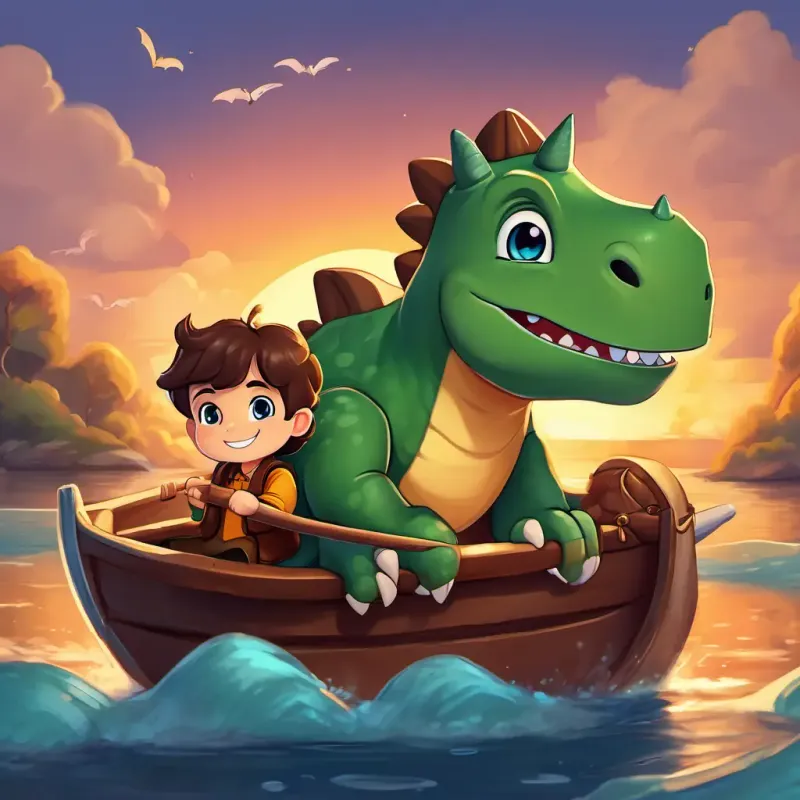 Timmy has brown hair, blue eyes, and a big smile hugging Daisy is a Triceratops with green skin and kind eyes and Rex is a T-Rex with brown skin and a friendly smile, sailing in the boat towards the sunset