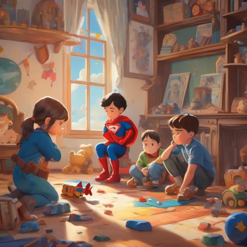 sad children reacting to the missing toys, with superheroes in the background preparing