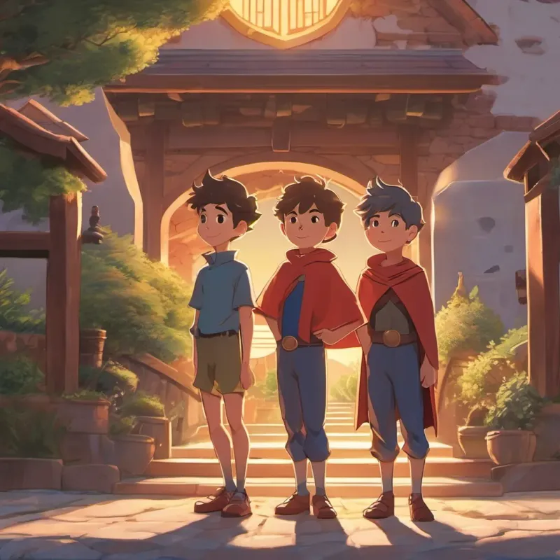 the superhero trio of 3 boys standing heroically with the setting sun behind them
