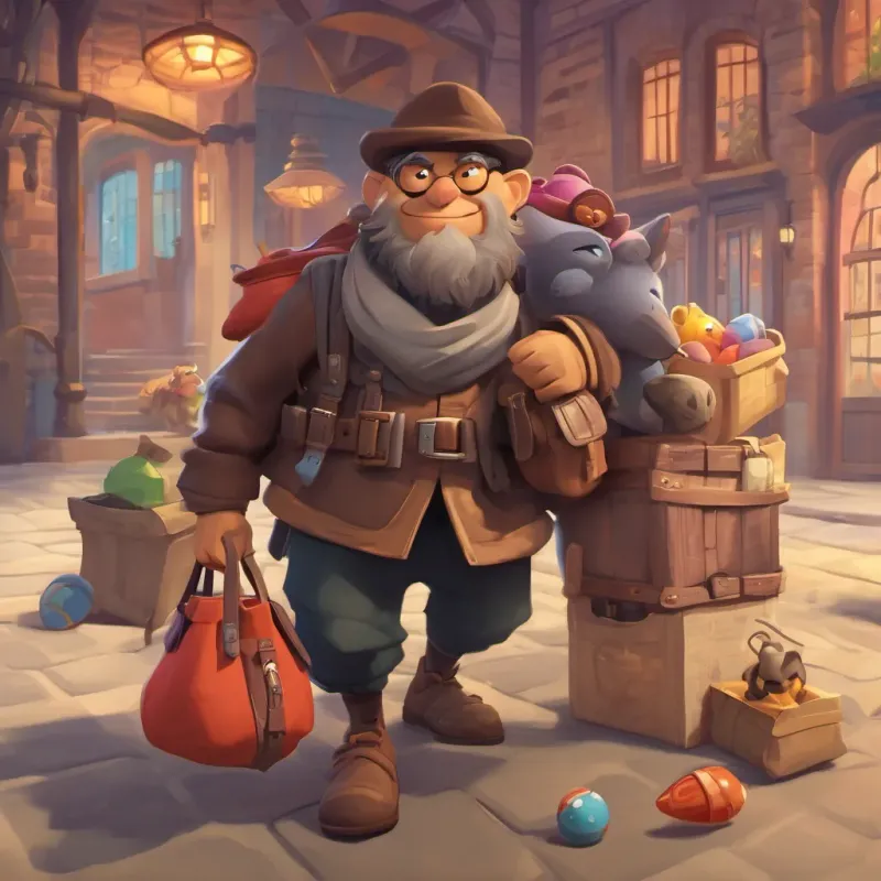 a sneaky mean looking thief named sneaky thief with a bag of stolen toys and a sly grin with stolen toys in a bag