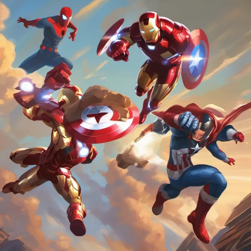 iron man, captain America, and spiderman flying