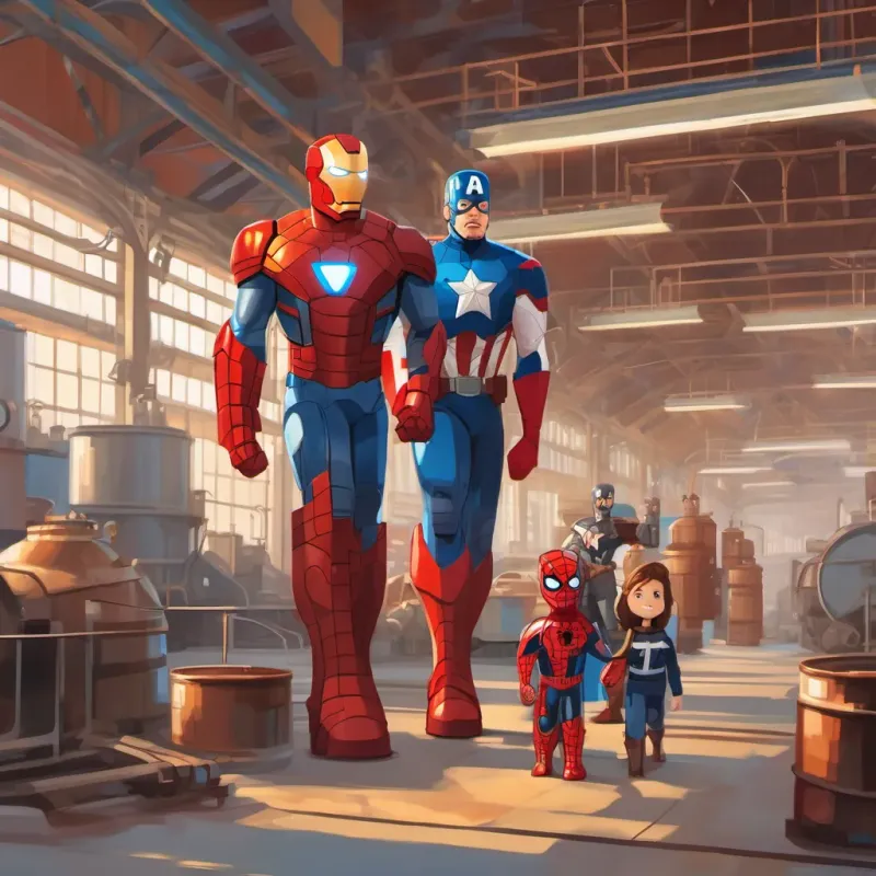iron man, spiderman, and captain America  in a factory