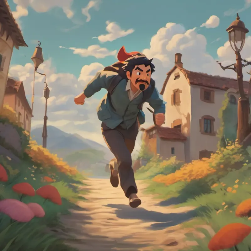 a bad man with an evil looking face running away and dropping toys as he runs