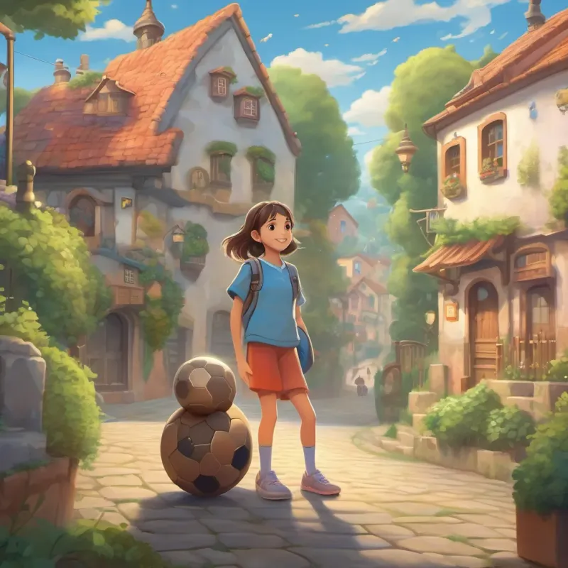 A whimsical town with misty skies, featuring a young girl named A young girl with bright eyes and an ever-present smile, ready for an adventure with a soccer ball at her feet holding a football.