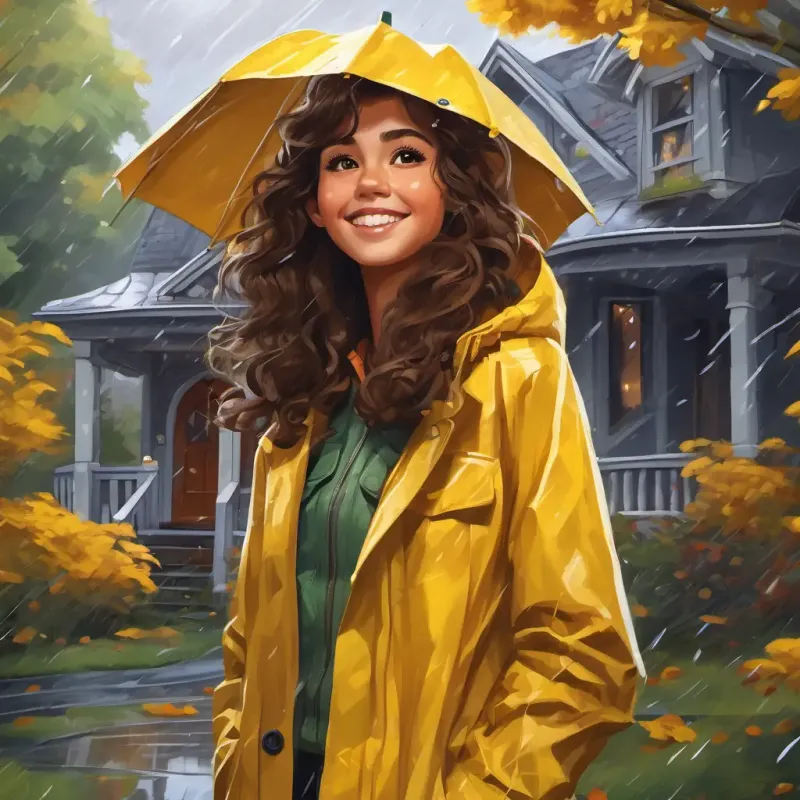 Curly brown hair, big brown eyes, fair skin, cheerful and adventurous wearing a yellow rain jacket and rain boots, standing in front of her house with rain pouring heavily and trees waving in the wind