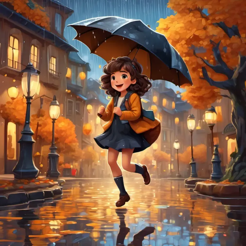 Curly brown hair, big brown eyes, fair skin, cheerful and adventurous holding an umbrella and happily jumping in puddles on a cobblestone street, surrounded by tall trees with raindrops falling and creating ripples on the ground